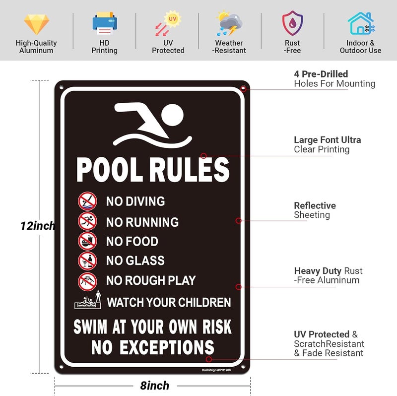 DazhiSigns Pool Rules Sign, No Diving No Running No Food No Glass No Rough Play Signs, Swim at Your Own Risk Sign, 12"x8" Rust Free Reflective Aluminum, Fade/Weather Resistant, UV Protected, Easy to Mount - Image 2